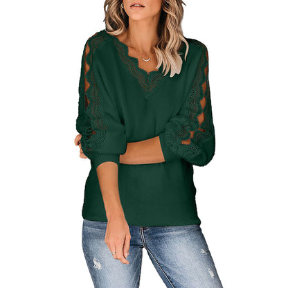 Autumn And Winter New Style Solid Color Lace V-leader Hollow Sexy Knit Top Women