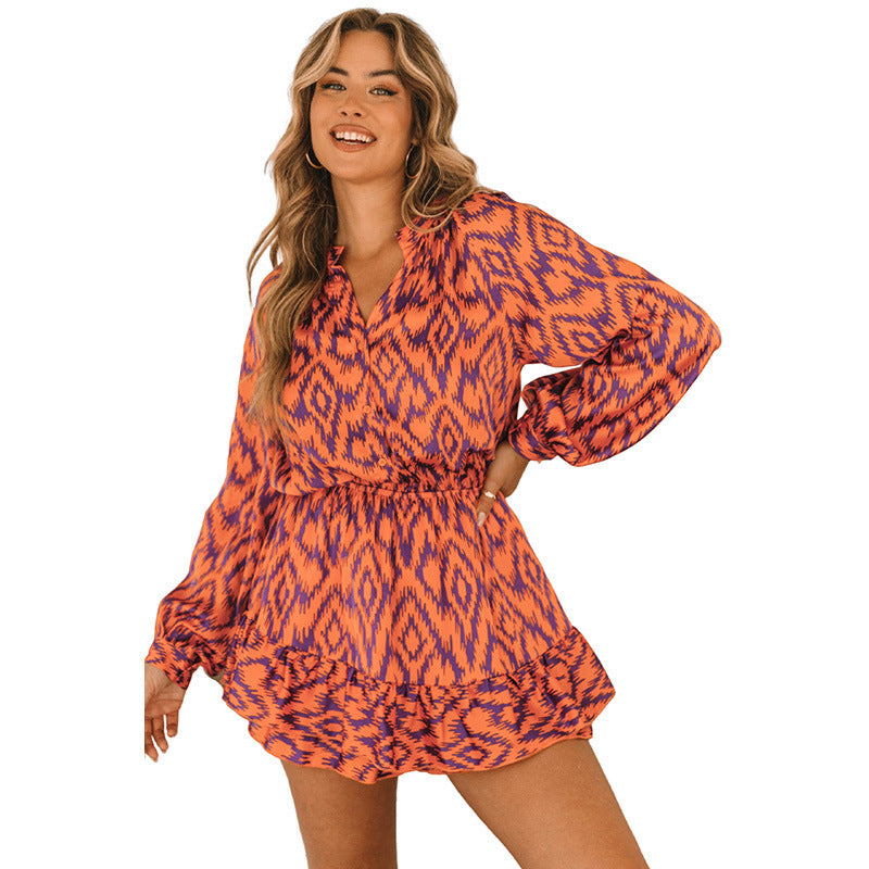 Personalized Design Sense Printed Waist-controlled Jumpsuit Women's Summer New Ruffled