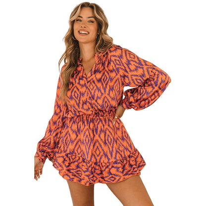 Personalized Design Sense Printed Waist-controlled Jumpsuit Women's Summer New Ruffled