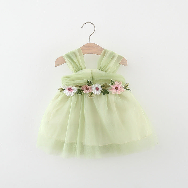 Girl's Mesh Strap Dress Waist Flower Princess Beautiful Dress