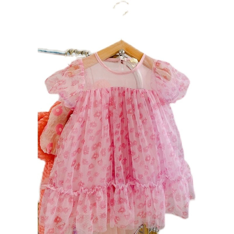 Western Style Short Sleeve Flower Mesh Fairy Dress