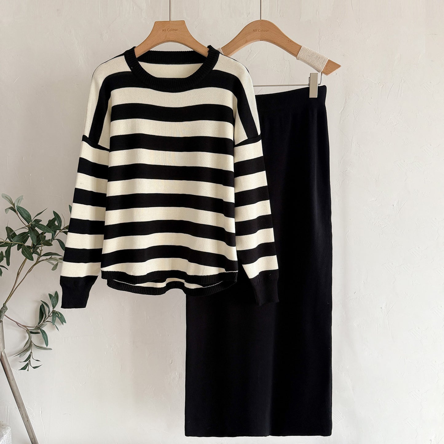 Fashion Long Sleeve T-shirt High Waist Skirt Knitted Two-piece