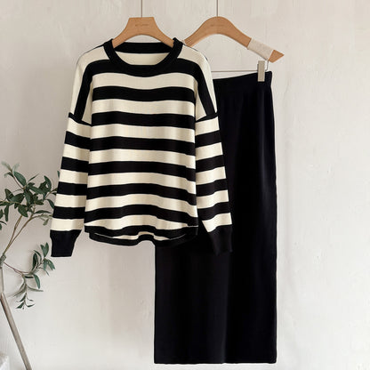 Fashion Long Sleeve T-shirt High Waist Skirt Knitted Two-piece