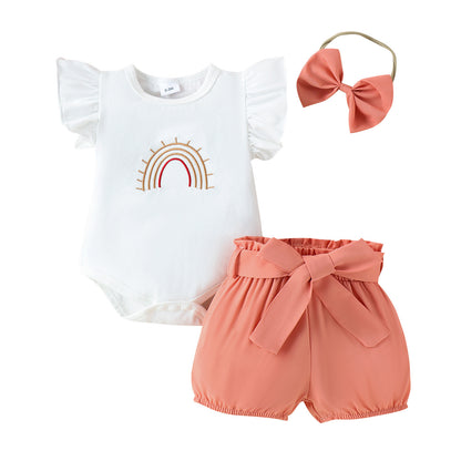 White Rainbow Embroidered Romper Shorts