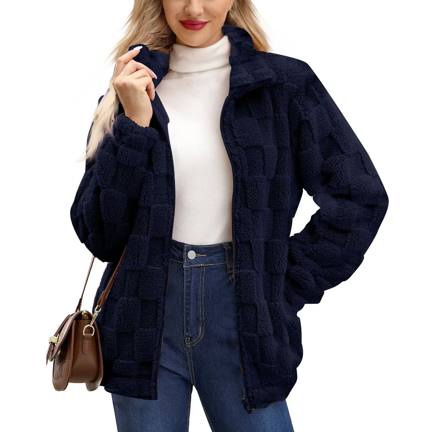 Women's Zipped Stand Collar Loose Jacquard Square Plaid Plush Coat
