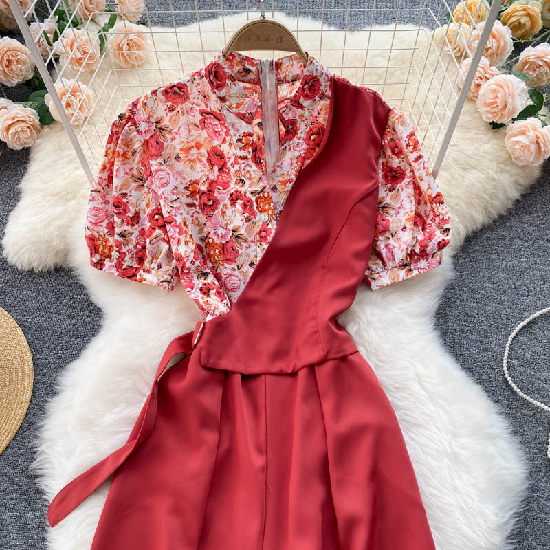 Fake Two Pieces Of Western Style V-neck High Waist Slimming Drape Wide-leg Jumpsuit Women