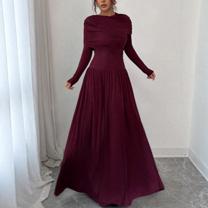 New Women's Fashion Elegant Shawl Solid Color Long Dress