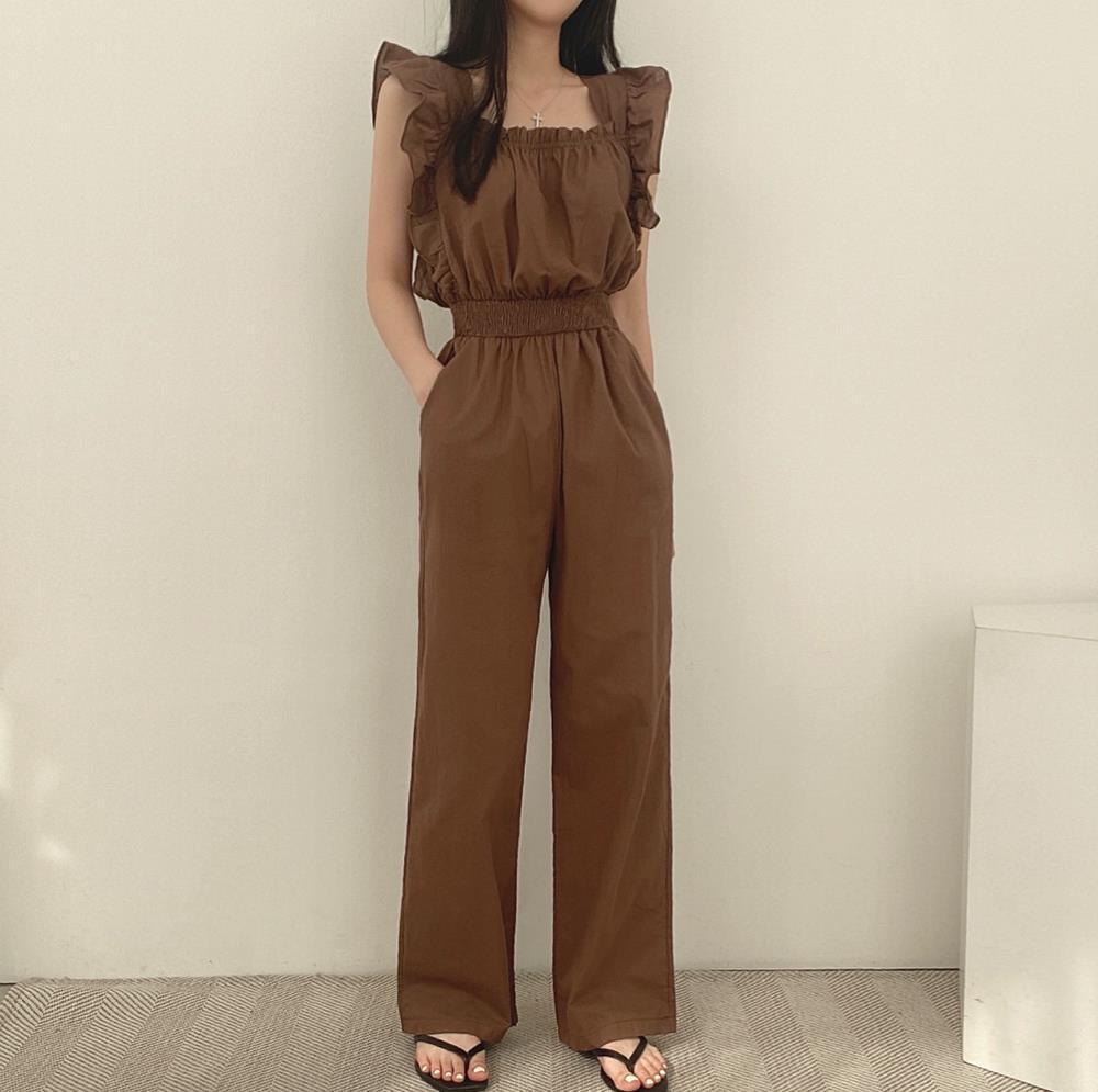French Retro Square Collar Ruffled Flying Sleeves Elastic And Waisted High Waist Wide Leg Jumpsuit For Women