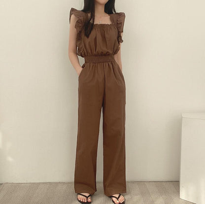 French Retro Square Collar Ruffled Flying Sleeves Elastic And Waisted High Waist Wide Leg Jumpsuit For Women