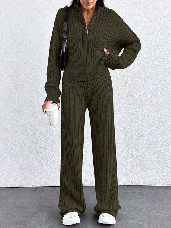 Autumn And Winter New European And American Women's Casual Loose Zip Top And Trousers Two-piece Set