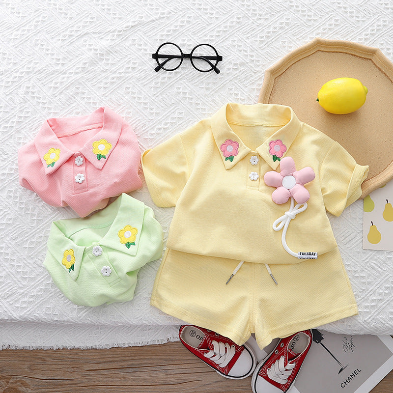 Girls' Summer Cotton Short-sleeved Shorts Suit