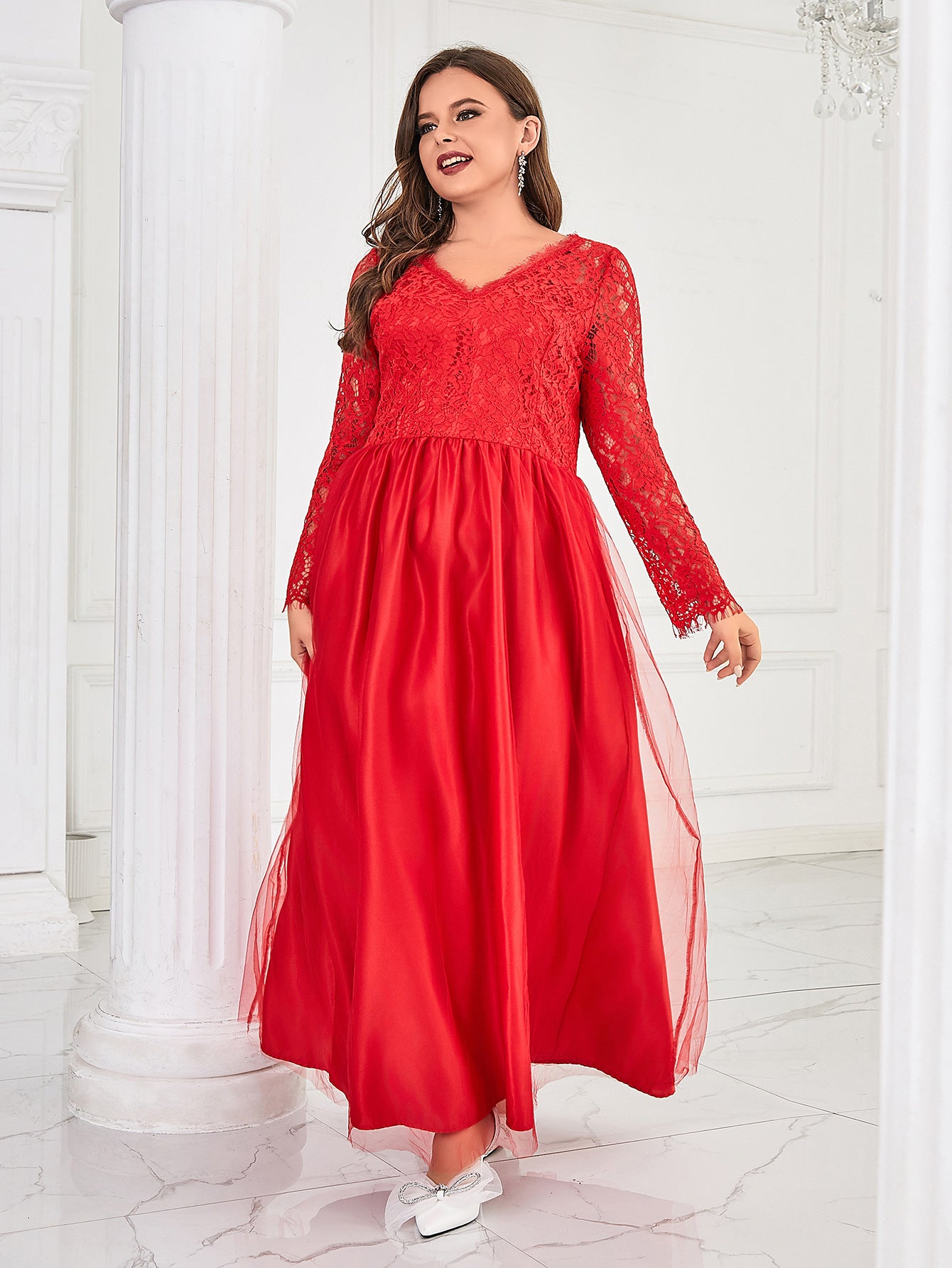 Women's Mesh Lace Long Sleeve Wedding A- Line Skirt