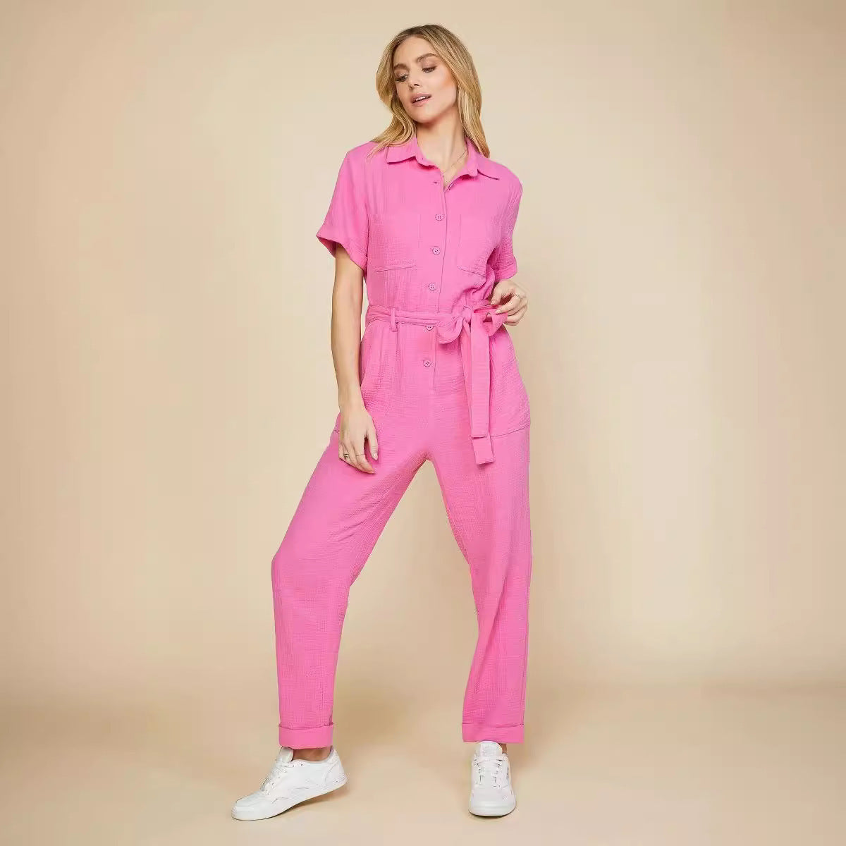 Women's Solid Color Short-sleeved Jumpsuit Trousers