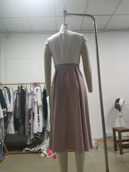 Women's A- Line White Color-block V Neck Large Swing Dress