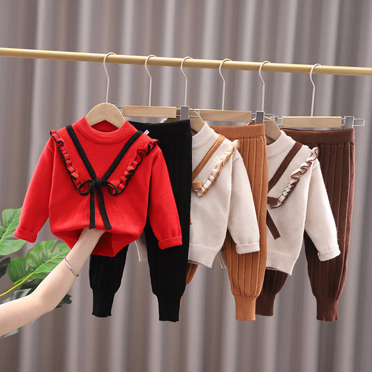 Girls Ruffled Suit Sweater Autumn And Winter Pullover Round Neck Children's Sweater