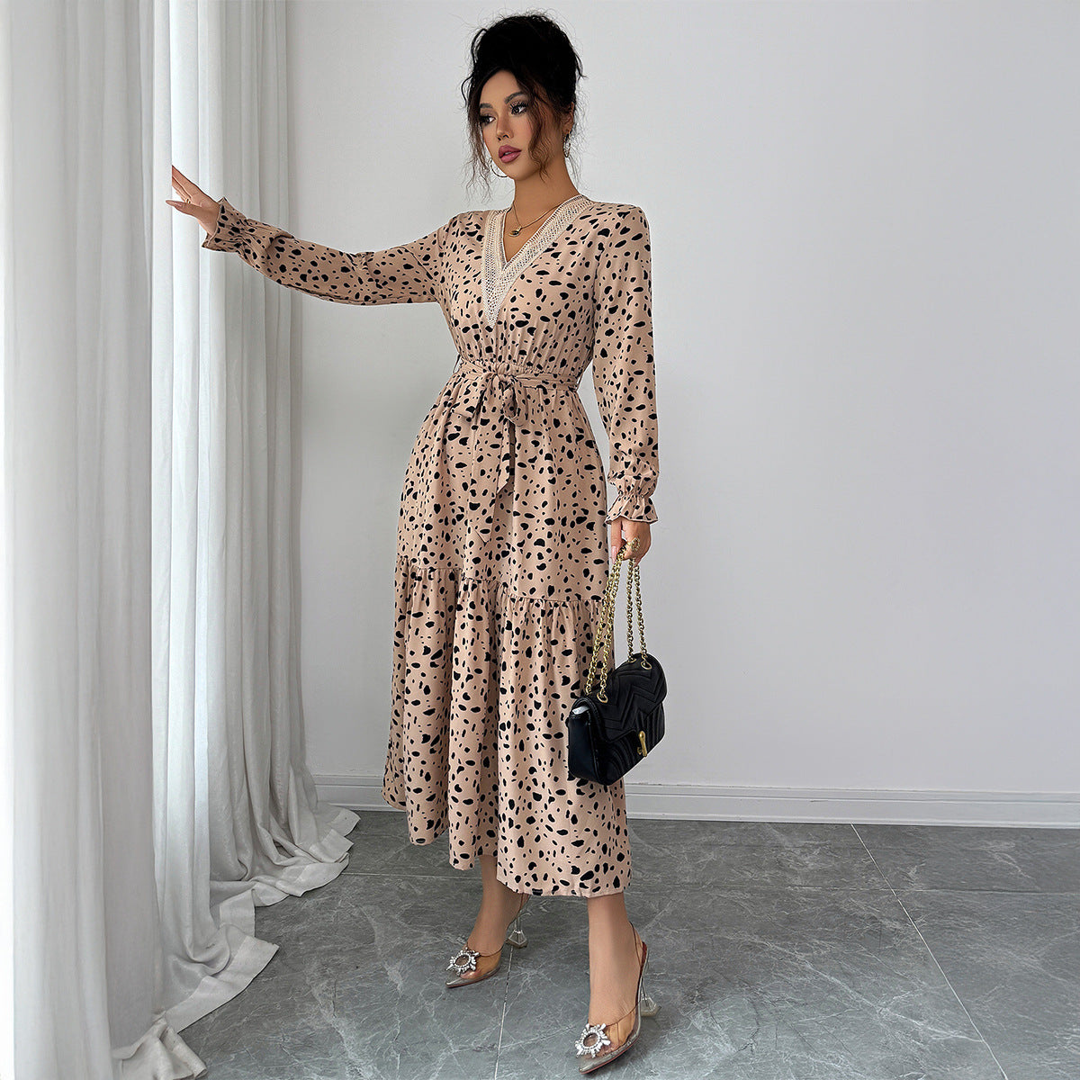 Elegant Polka-dot Self-tie Long Sleeve Dress For Women
