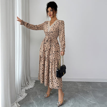 Elegant Polka-dot Self-tie Long Sleeve Dress For Women