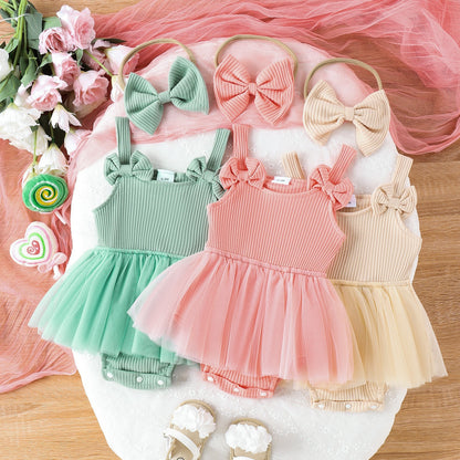 Infant Sleeveless Baby Girl Sunken Stripe Solid Color Gauze Skirt Triangle Rompers Bow Headband
