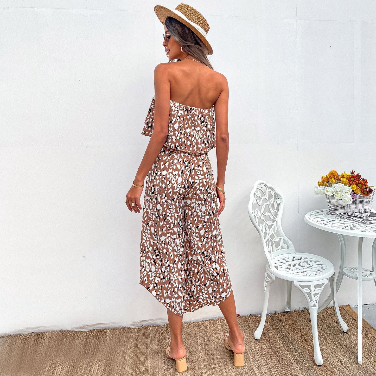 Women's Off Shoulder Chiffon Floral Jumpsuit Loose Wide Leg Pants