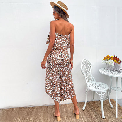 Women's Off Shoulder Chiffon Floral Jumpsuit Loose Wide Leg Pants