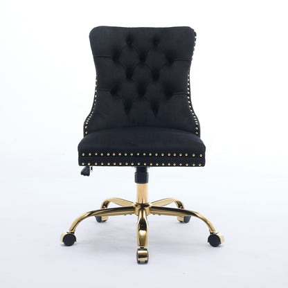 A&A Furniture Office Chair,Modern Velvet Upholstered Tufted Button Home Office Chair With Golden Metal Base,Adjustable Desk Chair Swivel Office Chair Black