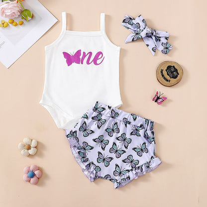 Baby Girl's Rompers Crawling Suit Printed Butterfly Two-piece Set