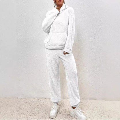 Women's Solid Color Plush Hooded Long Sleeve Trousers Suit