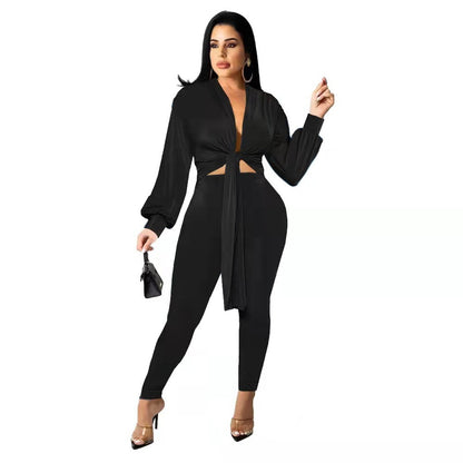 New Solid Color Tie Long Sleeve Women's Two-piece Set
