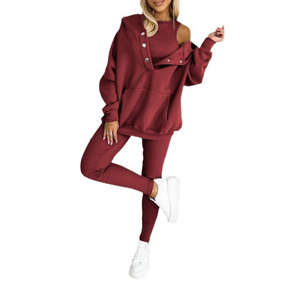 Casual Hooded Sweater Thickened Thread Fitted Vest Pants Three-piece Set