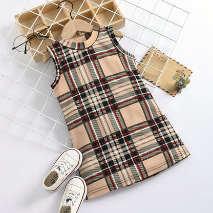 Girls Fashion Sleeveless Plaid Round Neck Dress