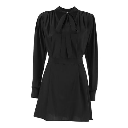 French Elegant Lace-up Waist Black Dress Hepburn Style V-neck Puff Sleeve Dress