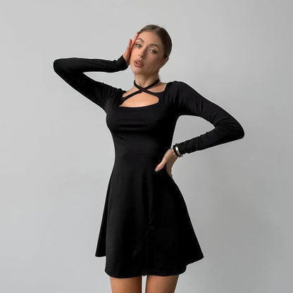 Women's Slim-fit Slimming Knitted Square Collar Design Lace-up Dress