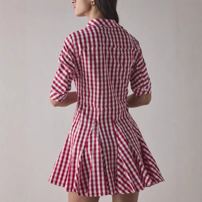 New French Sweet Red Plaid Waist-cinching Dress