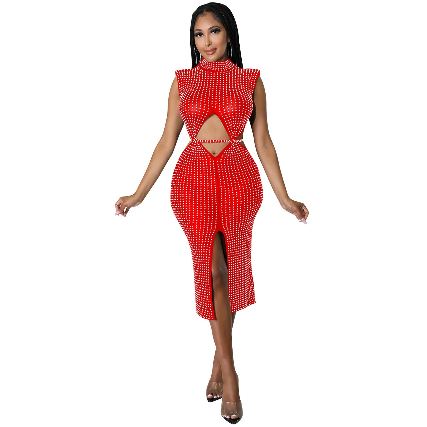 Fashion Mesh See-through Hot Rhinestone Hollow Split Dress Women's Clothing