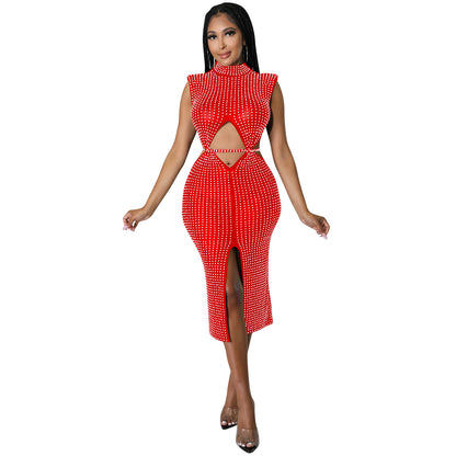 Fashion Mesh See-through Hot Rhinestone Hollow Split Dress Women's Clothing