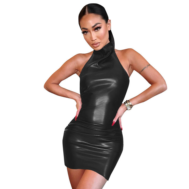 Women's Hip Skirt Leather Backless Halter Dress