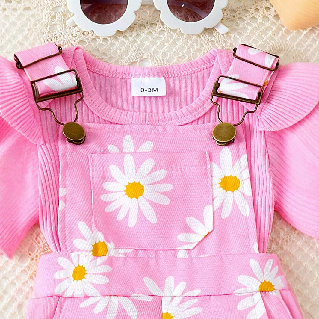 Pullover Romper Flower Print Suspender Pants Two-piece Set