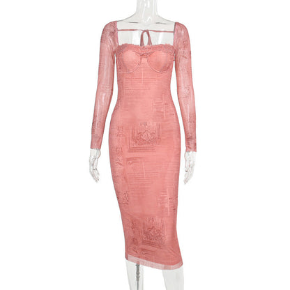 Woman Square-neck Lace Stitching Printing Long Sleeve Dress