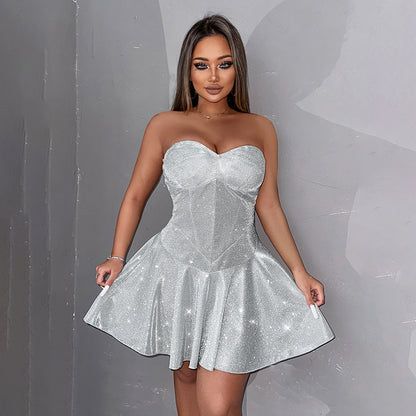 European And American Style Sexy Hot Girl Slim Tube Top Shiny Dress