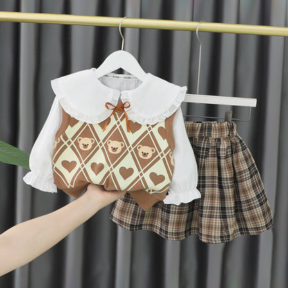 Autumn College Style Girls' Sweater Vest Vest Shirt Three-piece Set