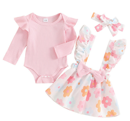 Cross-border Foreign Trade Infant European And American Pastoral Style Simple 3-piece Romper Bow Floral Suspender Skirt
