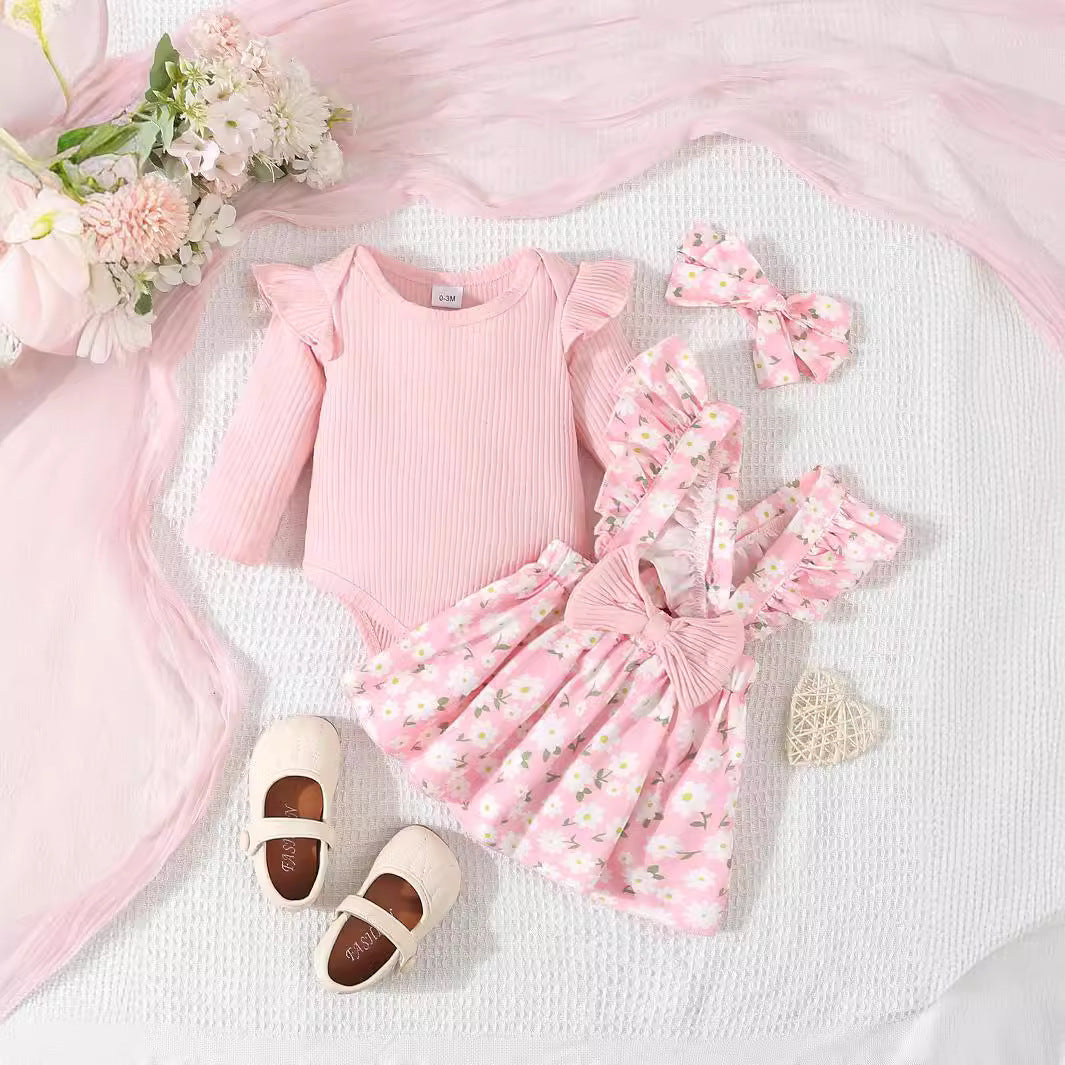 Cross-border Foreign Trade Infant European And American Pastoral Style Simple 3-piece Romper Bow Floral Suspender Skirt