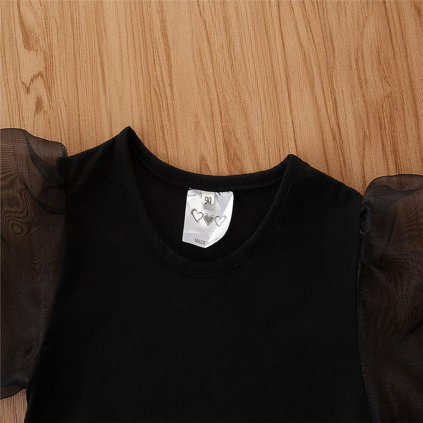 Girls' Short-sleeved Suit Puff Sleeve Black T-shirt Denim Suspender Skirt Fashionable