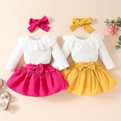 Baby Girl Lace Ruffles Long-sleeve Jumpsuit Bow Skirt Hair Band Three-piece Suit