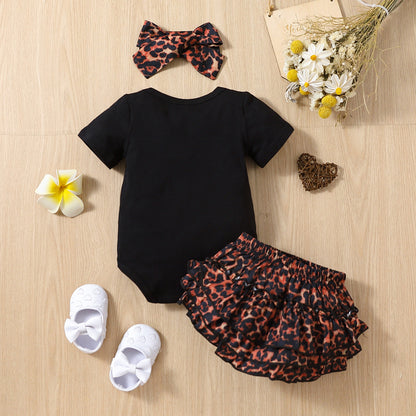 European And American Cotton Leopard Print Letter Mama Short Sleeve Triangle Rompers Cake Pantskirt Headdress