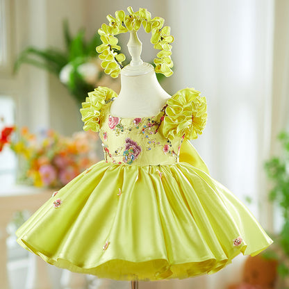 Yellow Flying Sleeves Heavy Industry Umbrella Princess Dress Little Girl's Birthday Dress