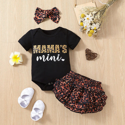 European And American Cotton Leopard Print Letter Mama Short Sleeve Triangle Rompers Cake Pantskirt Headdress