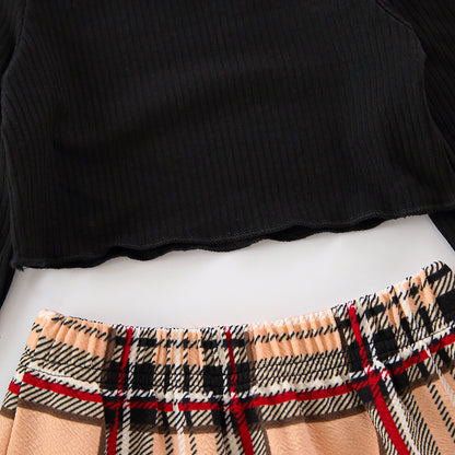 Two Piece Black Long Sleeve Top Checkered Skirt