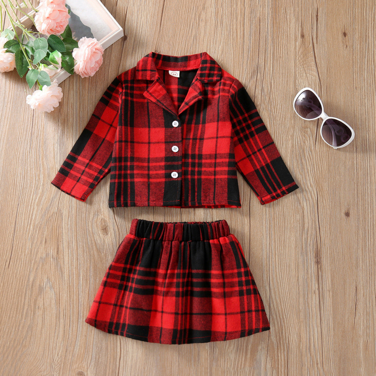 Girls' Long Sleeve Plaid Skirt Two Piece Set