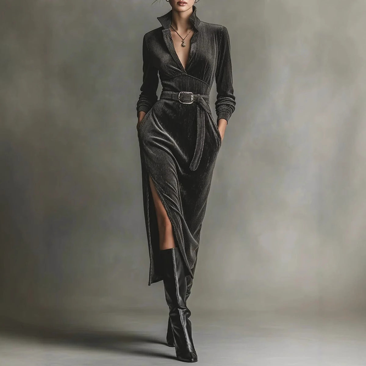 V-neck High Waist Solid Color Tie Slit Dress